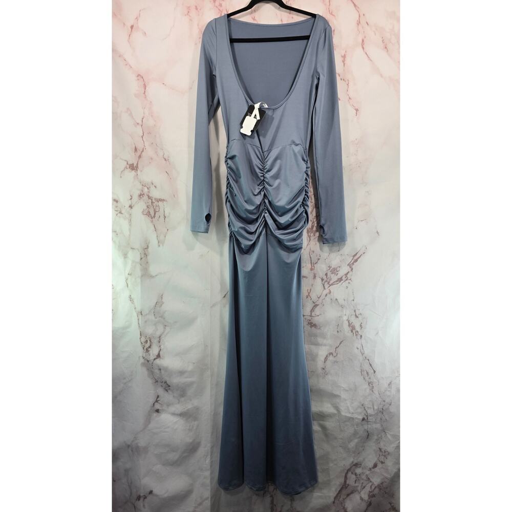 Innovare Denim Dress Womens Medium Blue Borys Bow Ruch Maxi Long Sleeve